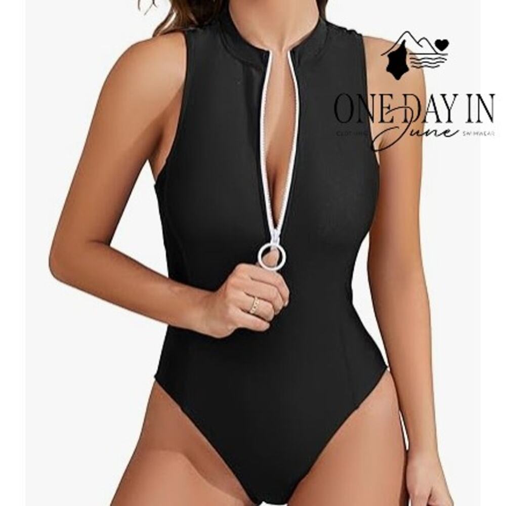Charmo Hight Neck Zip Front One Piece Swimsuit Size M